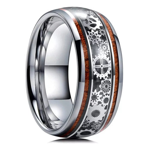 Men's 10mm Tungsten Clockwork Gears Koa Wood Inlay Engagement Wedding Band